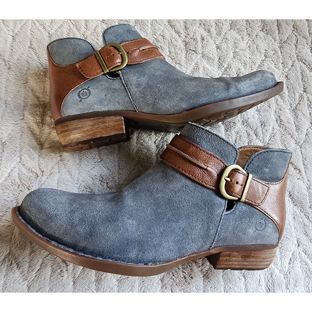 Born Kerri Blue Suede Brown Leather Buckle Ankle Boots Womens 7.5M - Picture 6 of 11